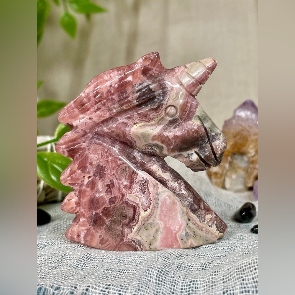2533 Rare Rhodochrosite Crystal Unicorn Head Carving